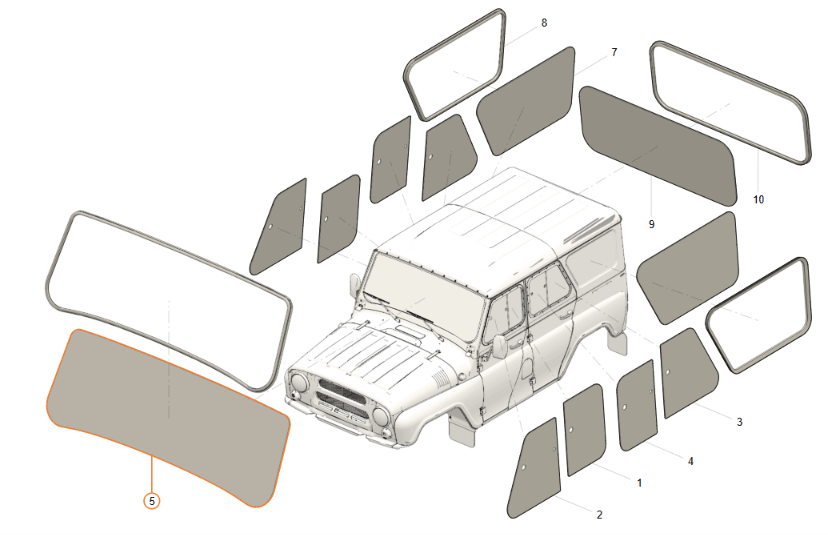 Windshield with Rubber - Hunter & 469 - OEM 315100520601000 – UAZPARTS.COM UAZ PART – OEM 315100520601000
